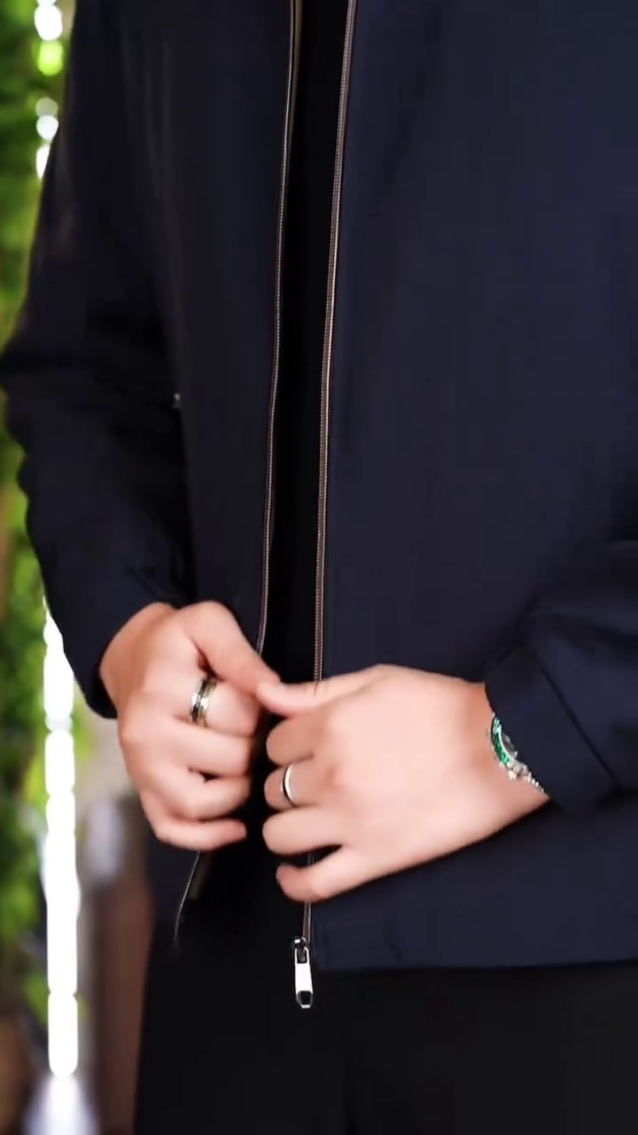 Men's Classic Navy Blue Band Collar Zip Jacket - Image 7