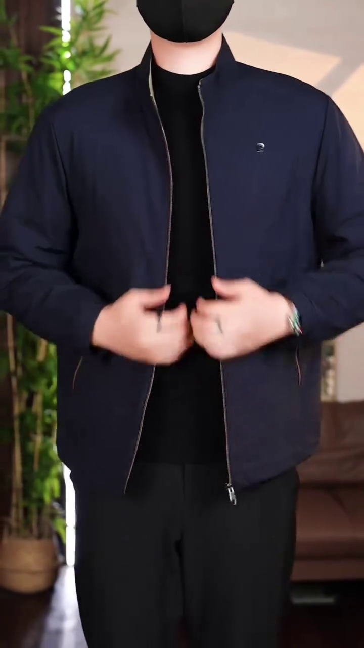 Men's Classic Navy Blue Band Collar Zip Jacket - Image 2