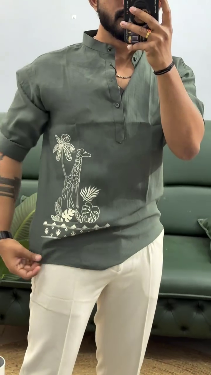 Men's Printed Cotton Blend Short Kurta | Regular Fit Casual Kurta Shirt for Men with Mandarin Collar